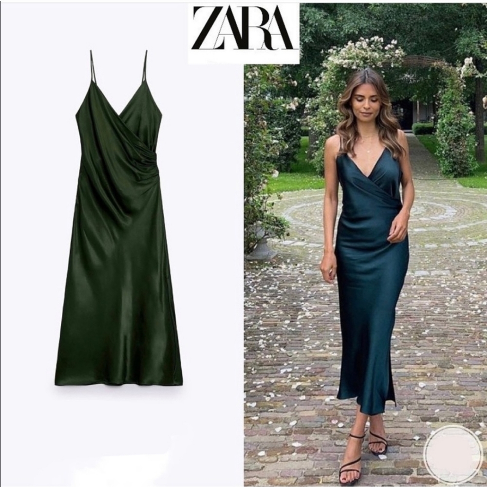 Zara * Satin Effect Slip Green Dress Size XS - Picture 4 of 15